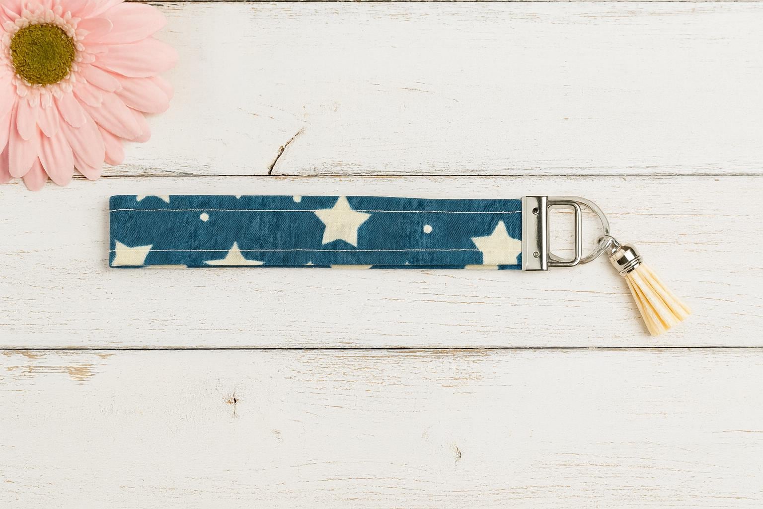 Blue Star Fabric Wristlet Keychain: Handmade Key Fob with Tassel