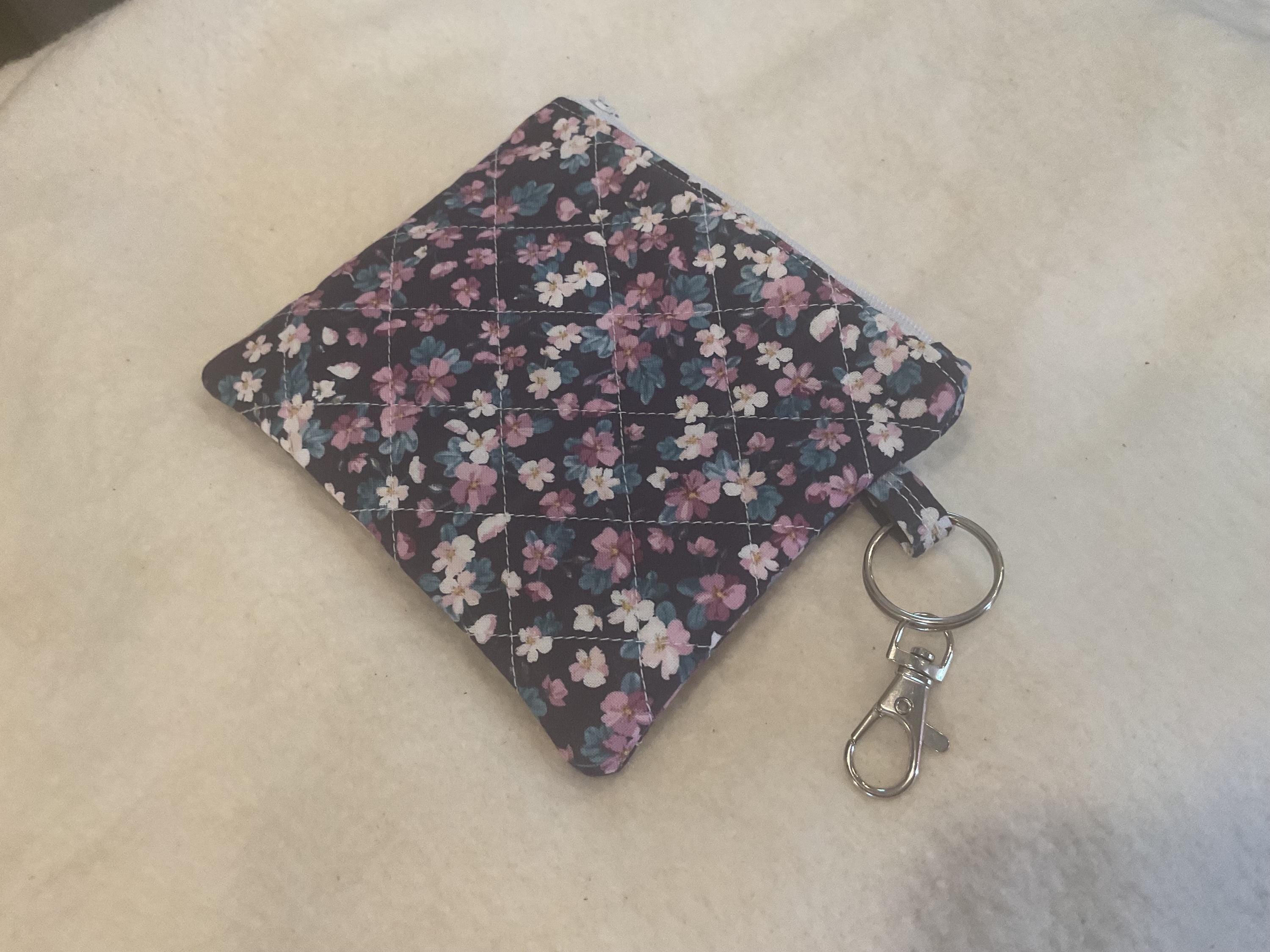 Floral Quilted Keychain Wallet | Zippered Coin Purse | Small Card Holder with Keyring Clip